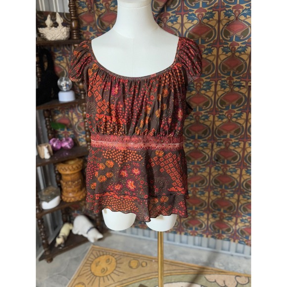 Venezia Brown Orange Floral Peasant Blouse Top Plus Size 14/16 - Picture 1 of 3